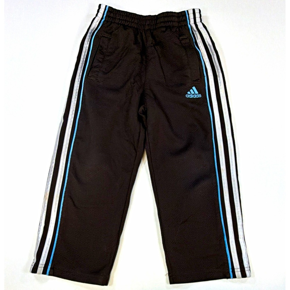 Adidas Boys Track Pants 4T Black White Blue Striped Elastic Waist Athleisure